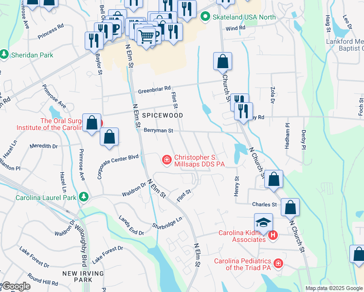 map of restaurants, bars, coffee shops, grocery stores, and more near 3625 Flint Street in Greensboro