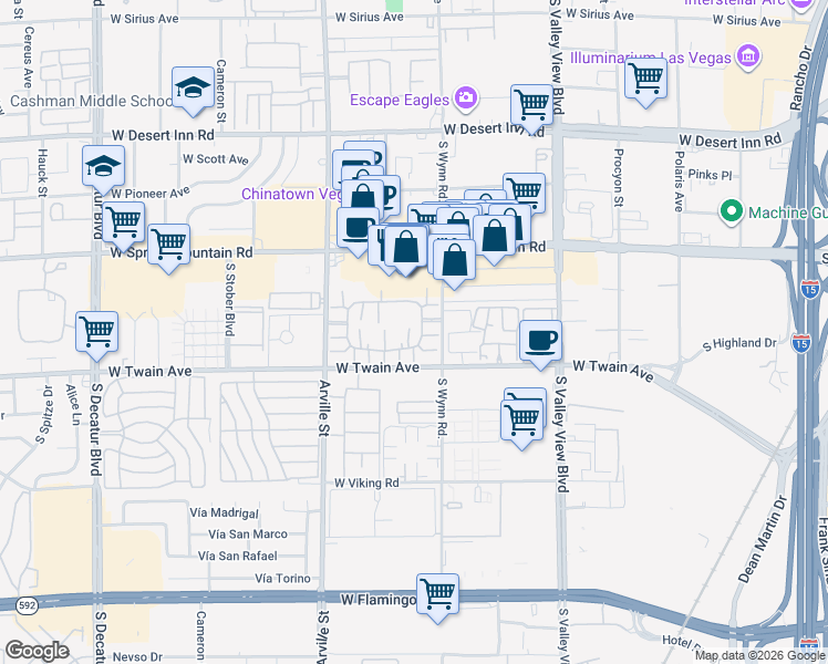 map of restaurants, bars, coffee shops, grocery stores, and more near 4151 Sanderling Circle in Las Vegas