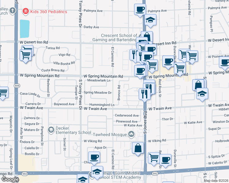 map of restaurants, bars, coffee shops, grocery stores, and more near 3552 Bronco Road in Las Vegas