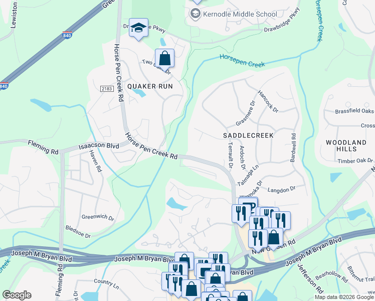 map of restaurants, bars, coffee shops, grocery stores, and more near 4406 Staghorn Court in Greensboro
