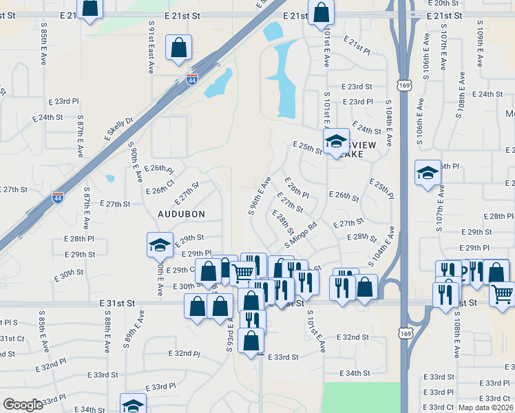 map of restaurants, bars, coffee shops, grocery stores, and more near 2702 South 96th East Avenue in Tulsa