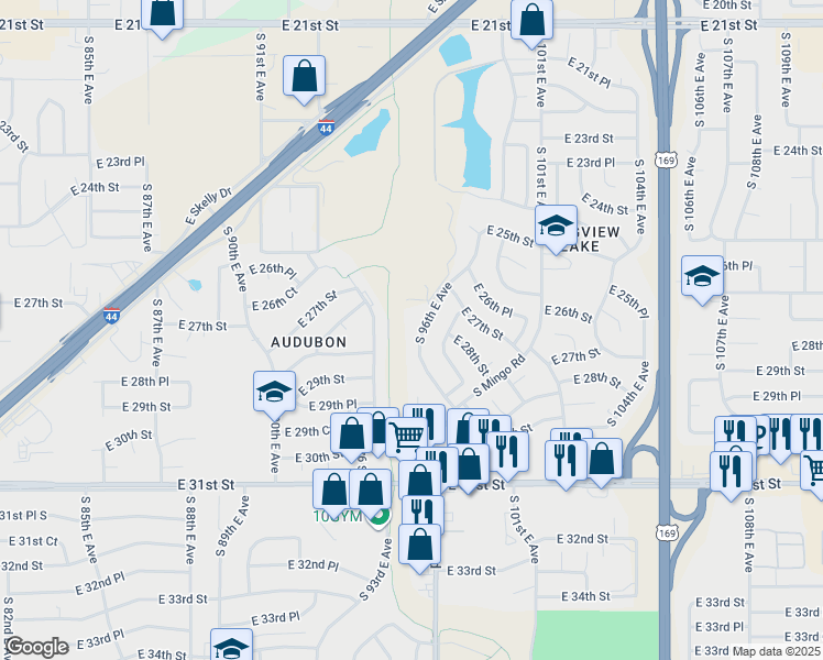 map of restaurants, bars, coffee shops, grocery stores, and more near 2702 South 96th East Avenue in Tulsa