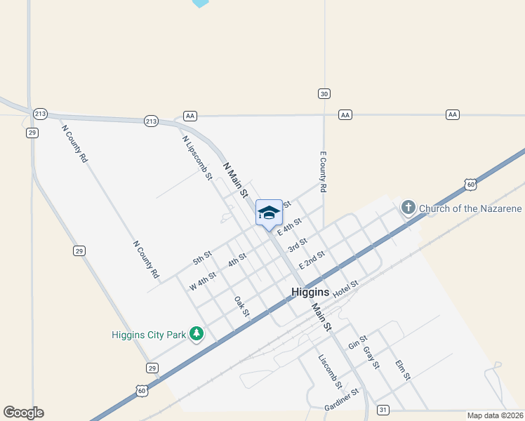 map of restaurants, bars, coffee shops, grocery stores, and more near 500-612 North Main Street in Higgins