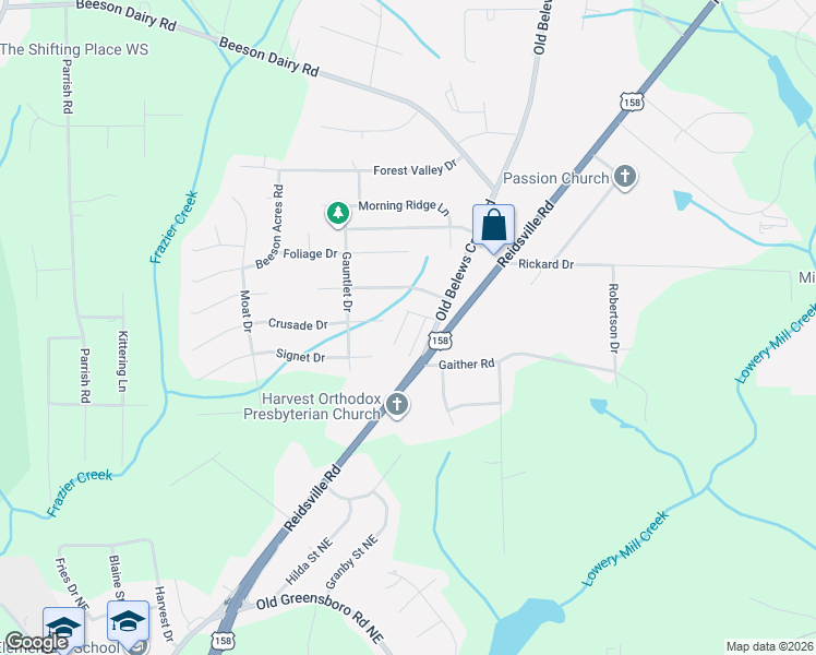 map of restaurants, bars, coffee shops, grocery stores, and more near 3873 Crusade Drive in Winston-Salem