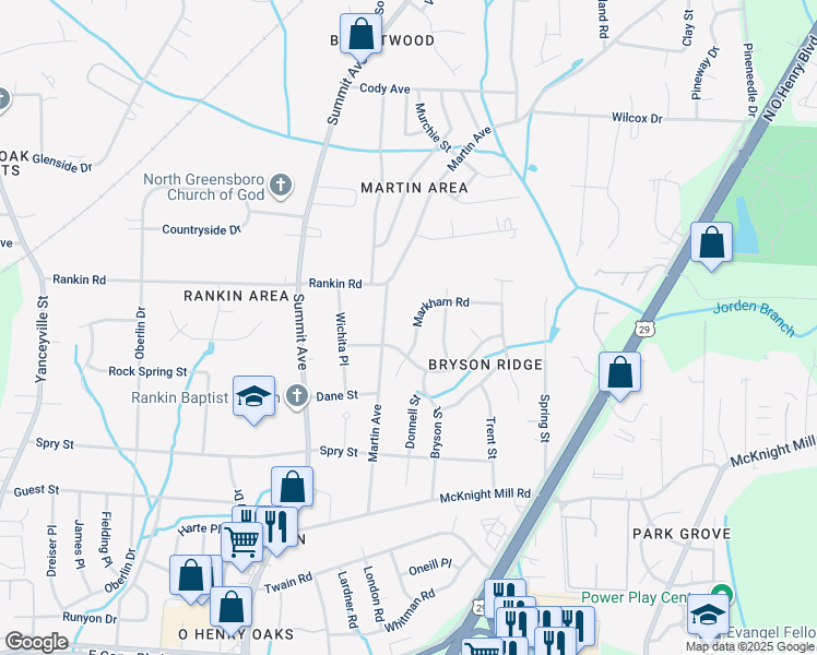 map of restaurants, bars, coffee shops, grocery stores, and more near 3507 Markham Road in Greensboro