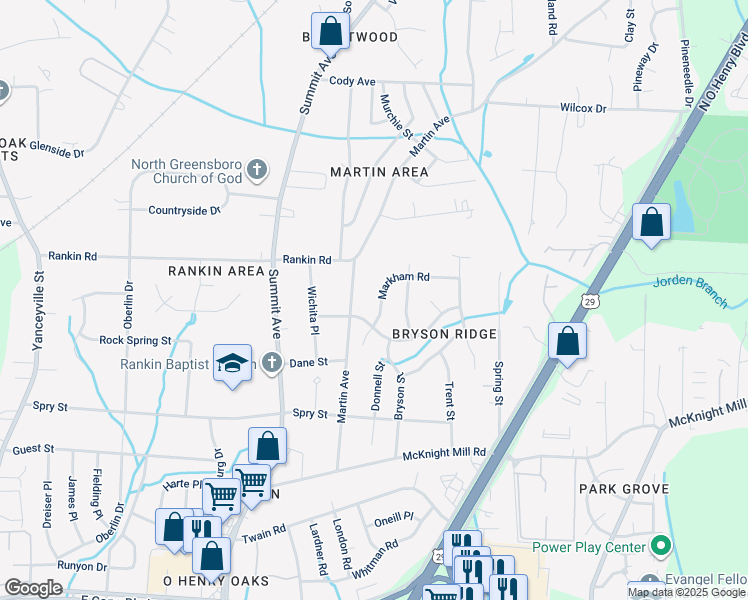map of restaurants, bars, coffee shops, grocery stores, and more near 3507 Markham Road in Greensboro