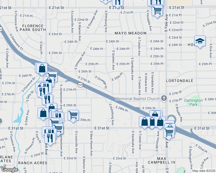 map of restaurants, bars, coffee shops, grocery stores, and more near 2626 South Pittsburg Avenue in Tulsa