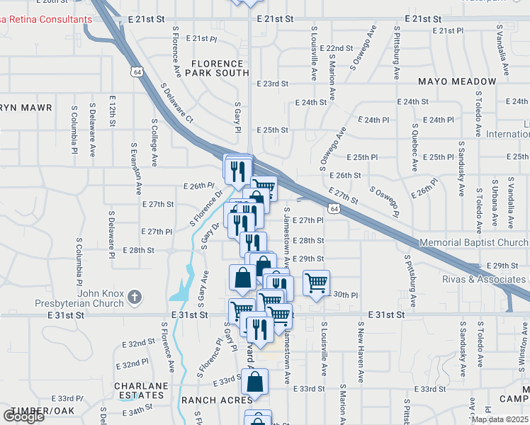 map of restaurants, bars, coffee shops, grocery stores, and more near 2711 South Harvard Avenue in Tulsa