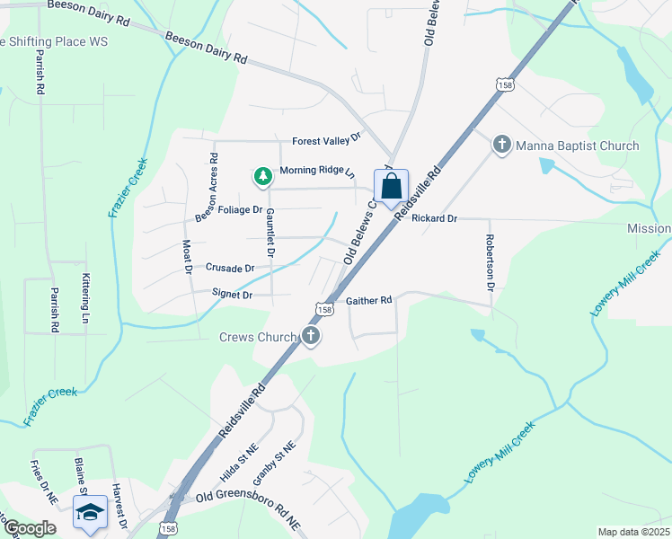 map of restaurants, bars, coffee shops, grocery stores, and more near 115 Glasmere Court in Winston-Salem