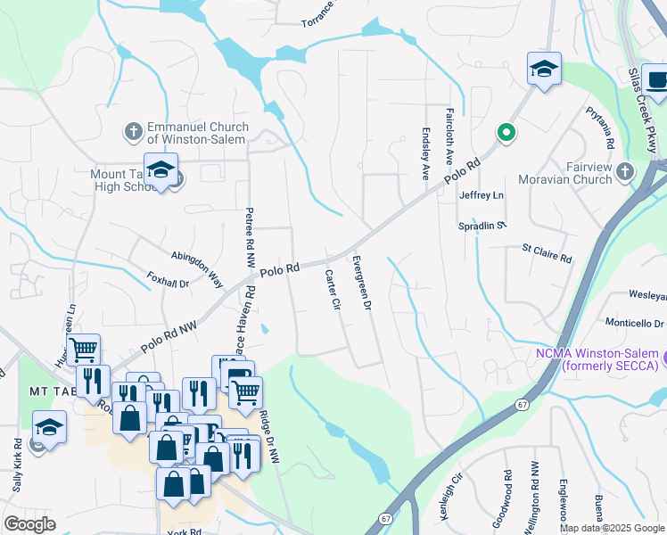 map of restaurants, bars, coffee shops, grocery stores, and more near 2722 Polo Road in Winston-Salem
