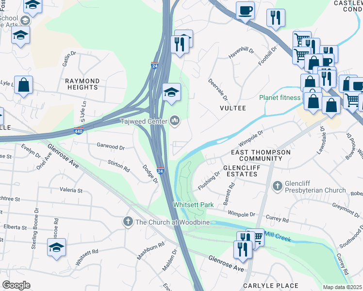 map of restaurants, bars, coffee shops, grocery stores, and more near 221 Plus Park Boulevard in Nashville