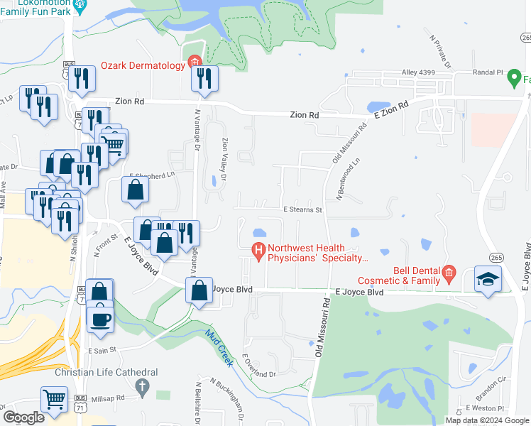 map of restaurants, bars, coffee shops, grocery stores, and more near 1897 East Stearns Street in Fayetteville