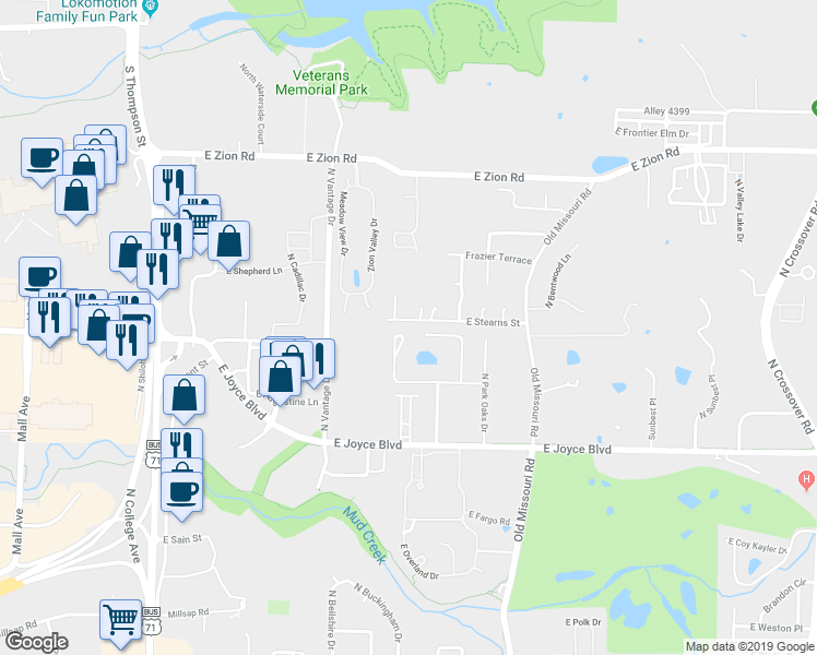 map of restaurants, bars, coffee shops, grocery stores, and more near 1799 East Stearns Street in Fayetteville
