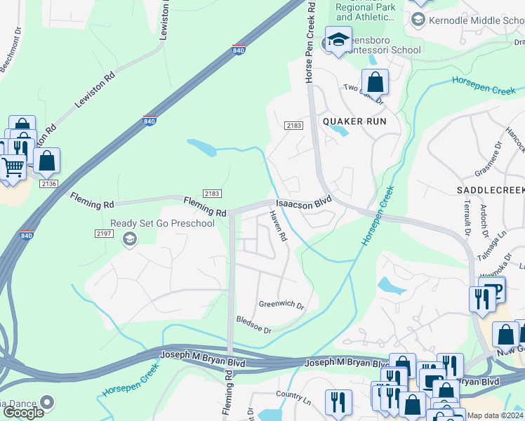 map of restaurants, bars, coffee shops, grocery stores, and more near 5606 Harbor House Drive in Greensboro