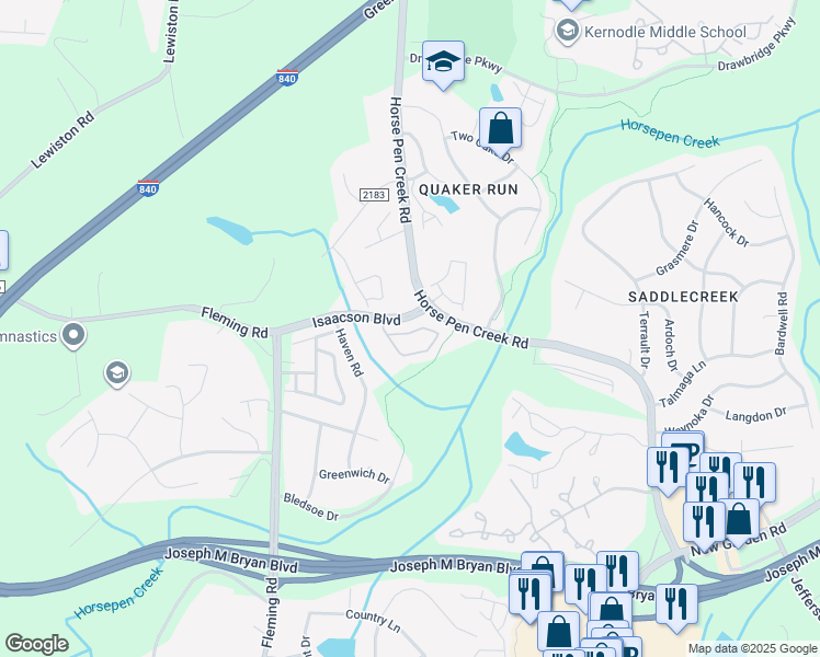 map of restaurants, bars, coffee shops, grocery stores, and more near 2801 Horse Pen Creek Road in Greensboro