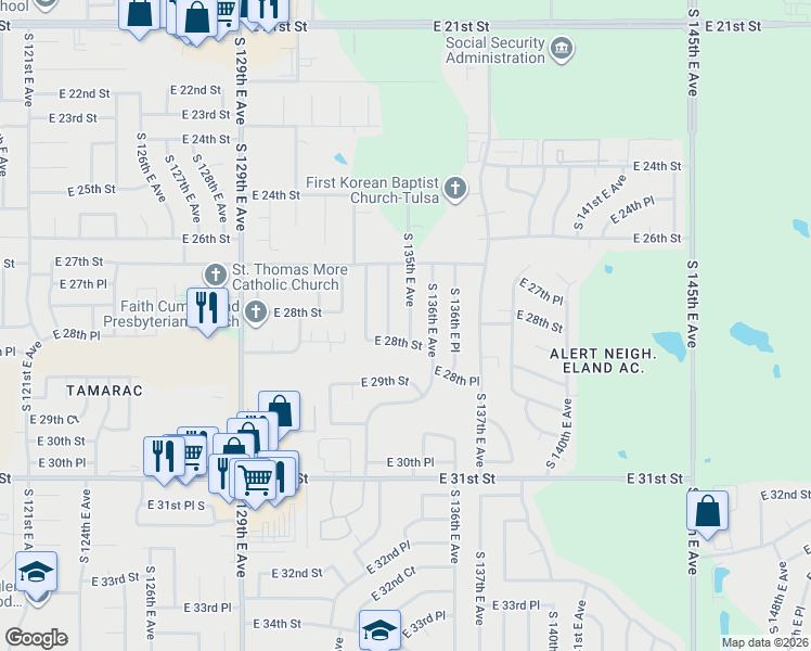 map of restaurants, bars, coffee shops, grocery stores, and more near 2732 South 134th East Avenue in Tulsa