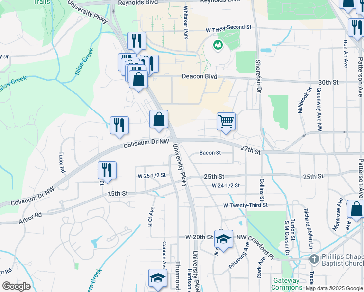 map of restaurants, bars, coffee shops, grocery stores, and more near North Cherry Street in Winston-Salem
