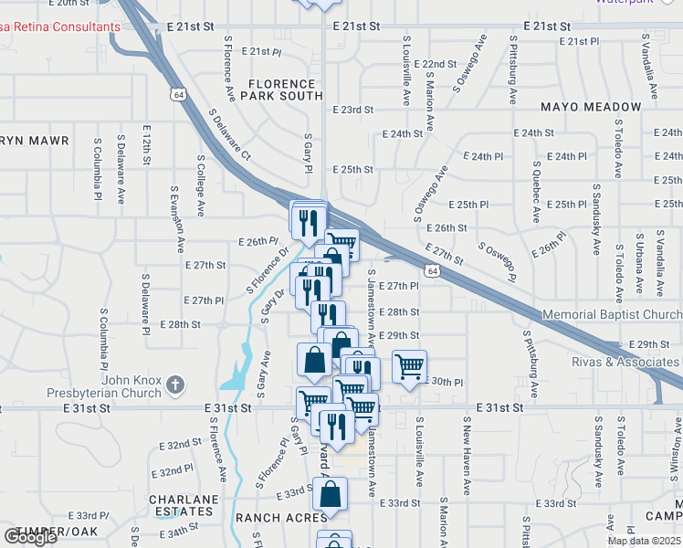 map of restaurants, bars, coffee shops, grocery stores, and more near 2711 South Harvard Avenue in Tulsa