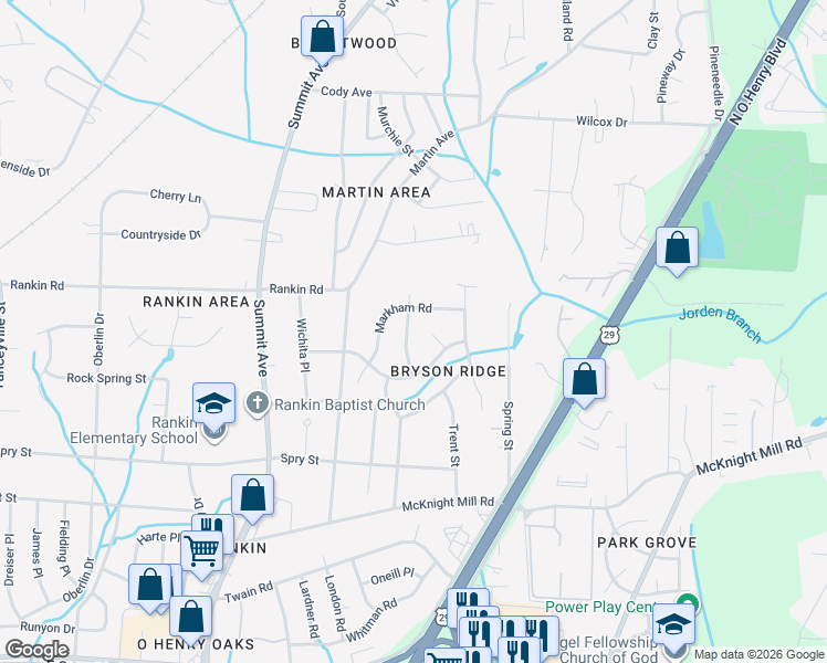 map of restaurants, bars, coffee shops, grocery stores, and more near 3418 Dickerson Lane in Greensboro
