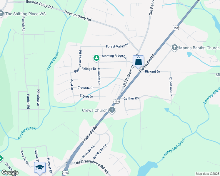 map of restaurants, bars, coffee shops, grocery stores, and more near 3876 Crusade Drive in Winston-Salem