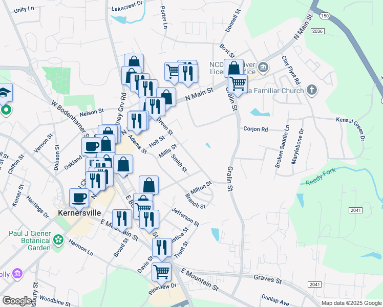 map of restaurants, bars, coffee shops, grocery stores, and more near 215 Green Street in Kernersville