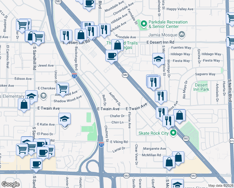 map of restaurants, bars, coffee shops, grocery stores, and more near 3602 Florrie Avenue in Las Vegas