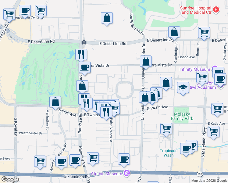 map of restaurants, bars, coffee shops, grocery stores, and more near 524 Delfern Lane in Las Vegas