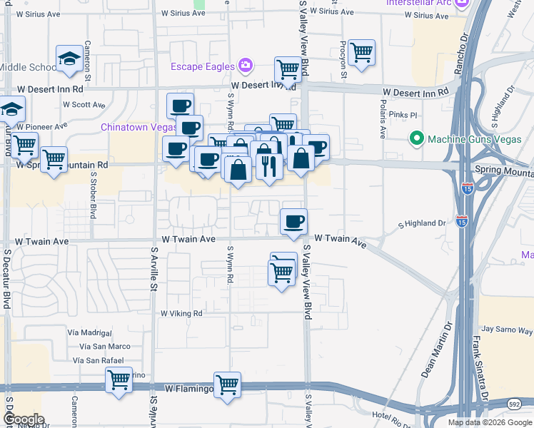 map of restaurants, bars, coffee shops, grocery stores, and more near 3605 Melonies Drive in Las Vegas