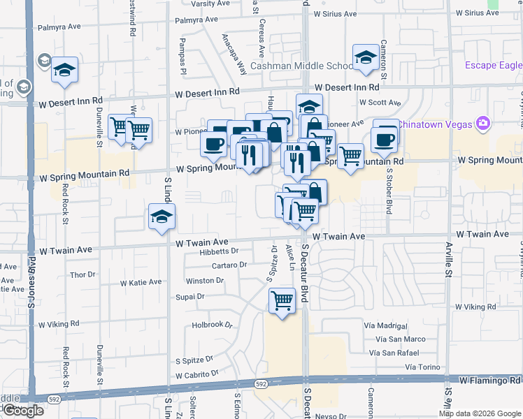 map of restaurants, bars, coffee shops, grocery stores, and more near 3625 South Decatur Boulevard in Las Vegas
