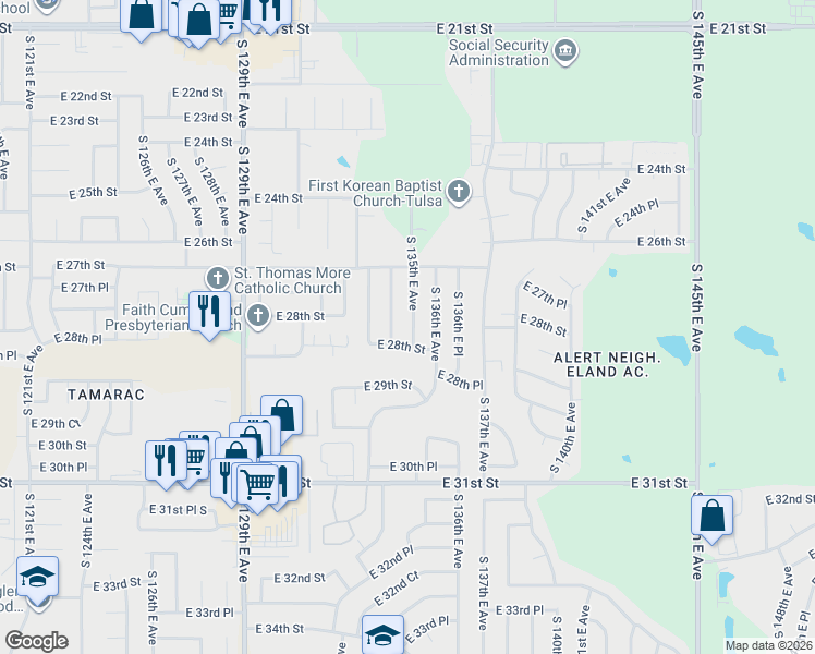 map of restaurants, bars, coffee shops, grocery stores, and more near 2732 South 134th East Avenue in Tulsa