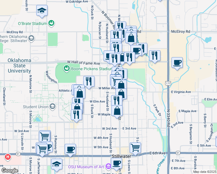 map of restaurants, bars, coffee shops, grocery stores, and more near 220 North Husband Street in Stillwater