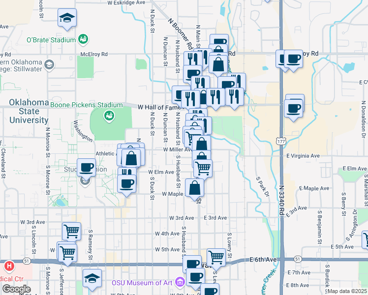 map of restaurants, bars, coffee shops, grocery stores, and more near 118 West Miller Avenue in Stillwater