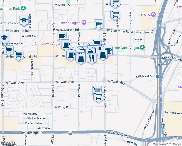 map of restaurants, bars, coffee shops, grocery stores, and more near 3605 Melonies Drive in Las Vegas