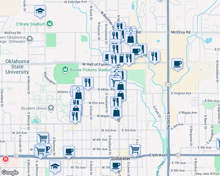 map of restaurants, bars, coffee shops, grocery stores, and more near 118 West Miller Avenue in Stillwater