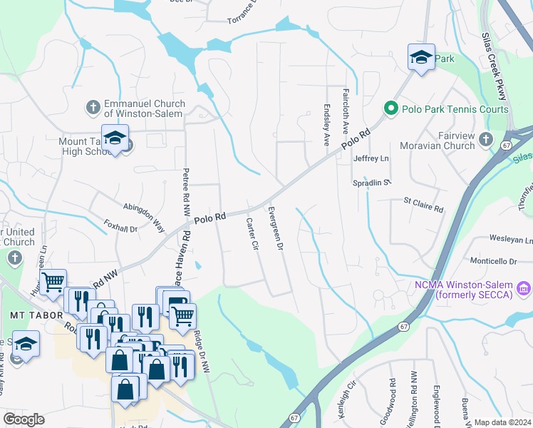 map of restaurants, bars, coffee shops, grocery stores, and more near 20 Evergreen Drive in Winston-Salem