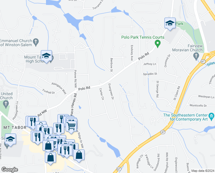 map of restaurants, bars, coffee shops, grocery stores, and more near 20 Evergreen Drive in Winston-Salem