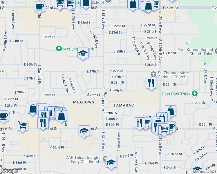map of restaurants, bars, coffee shops, grocery stores, and more near 2804 South 122nd East Avenue in Tulsa