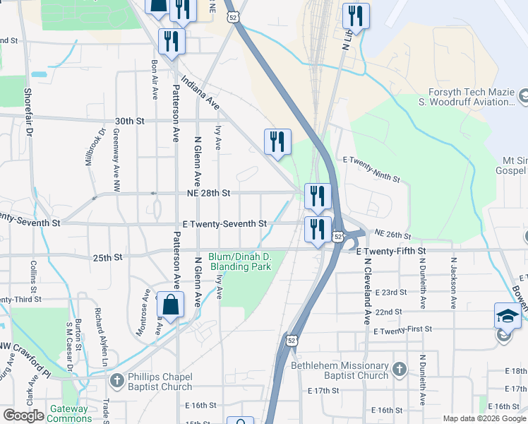 map of restaurants, bars, coffee shops, grocery stores, and more near 704 Northeast 28th Street in Winston-Salem
