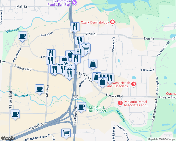 map of restaurants, bars, coffee shops, grocery stores, and more near 4040 Frontage Rd in Fayetteville