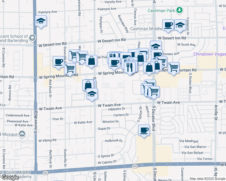 map of restaurants, bars, coffee shops, grocery stores, and more near 3610 Storrie Court in Las Vegas