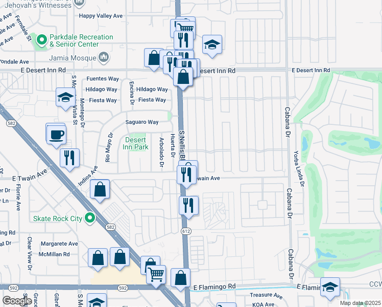 map of restaurants, bars, coffee shops, grocery stores, and more near 3600 Allegheny Drive in Las Vegas