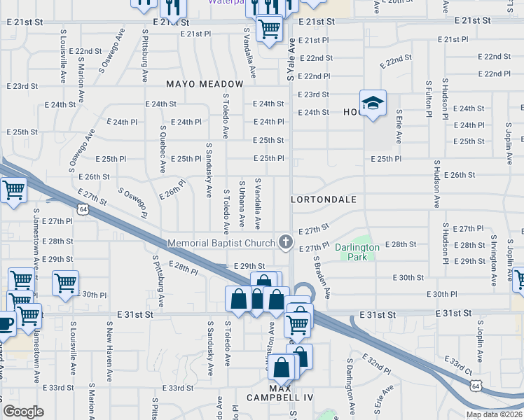 map of restaurants, bars, coffee shops, grocery stores, and more near 2633 South Winston Avenue in Tulsa
