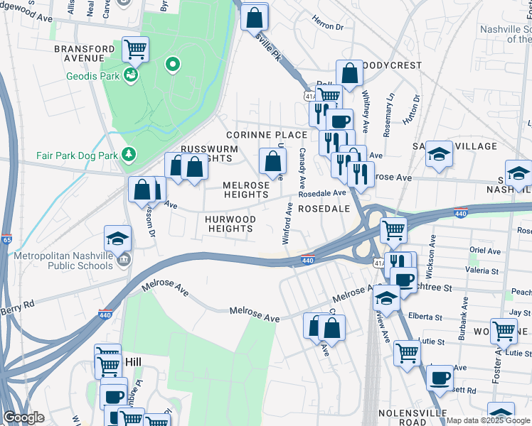 map of restaurants, bars, coffee shops, grocery stores, and more near 505 Rosedale Avenue in Nashville