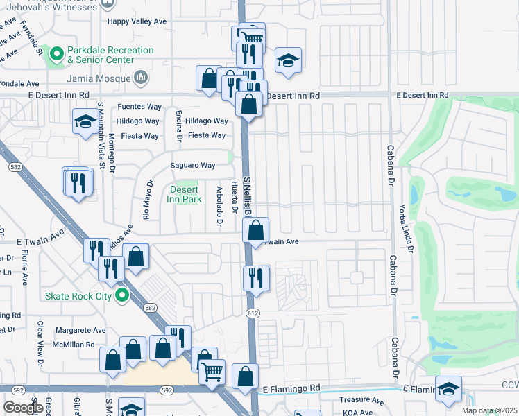 map of restaurants, bars, coffee shops, grocery stores, and more near 3600 Allegheny Drive in Las Vegas