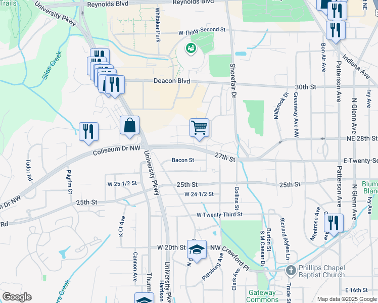 map of restaurants, bars, coffee shops, grocery stores, and more near 20 West 7th Street in Winston-Salem