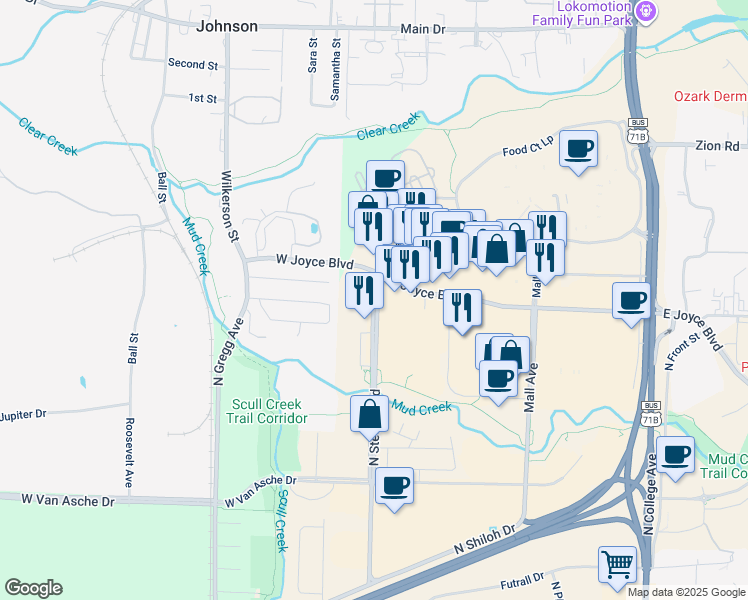map of restaurants, bars, coffee shops, grocery stores, and more near 3993 North Steele Boulevard in Fayetteville