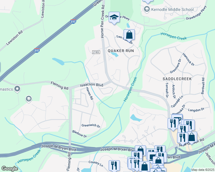 map of restaurants, bars, coffee shops, grocery stores, and more near 2801 Horse Pen Creek Road in Greensboro