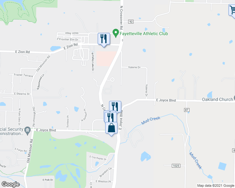map of restaurants, bars, coffee shops, grocery stores, and more near 4045 Hillside Terrace in Fayetteville