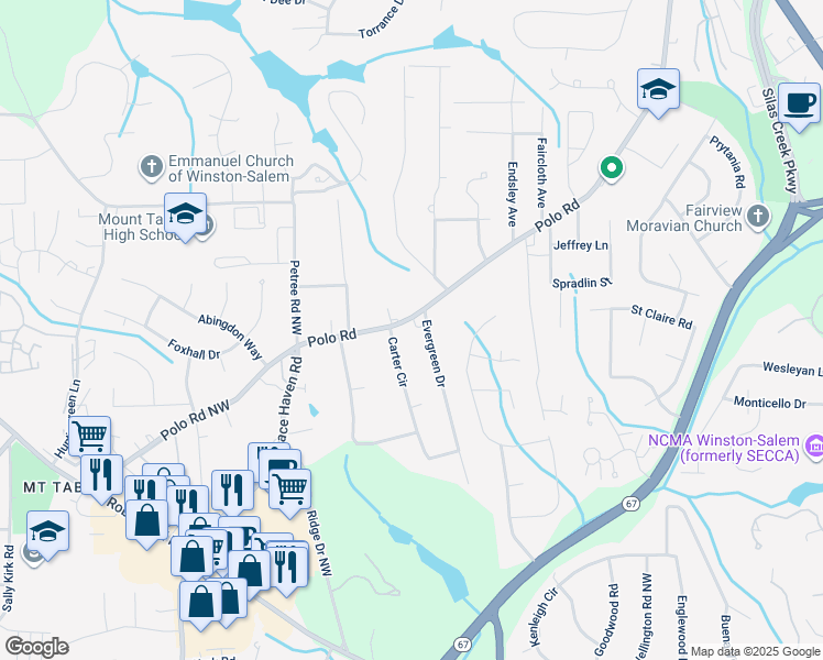 map of restaurants, bars, coffee shops, grocery stores, and more near 2702 Polo Road in Winston-Salem