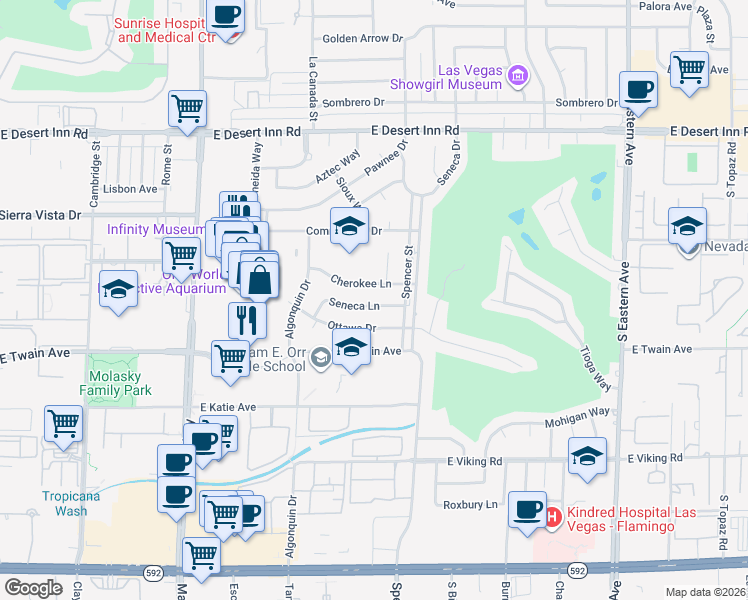map of restaurants, bars, coffee shops, grocery stores, and more near 1692 Seneca Lane in Las Vegas